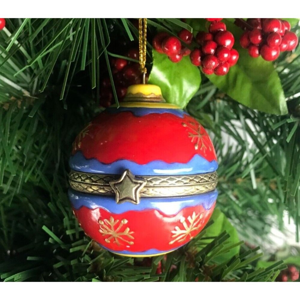 Red Snowflake Ball Porcelain Hinged Trinket Box Christmas Ornament
